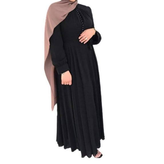 GENEMA Women Muslim Maxi Long Lined Pleats Dress Belted High Waist Buttons Chiffon Abaya Kaftan Robe Flowy Swing Islamic Gown