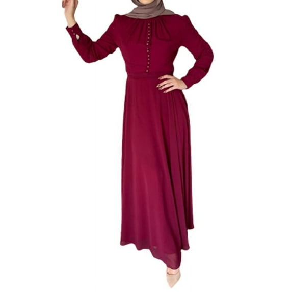 GENEMA Women Muslim Maxi Long Lined Pleats Dress Belted High Waist Buttons Chiffon Abaya Kaftan Robe Flowy Swing Islamic Gown