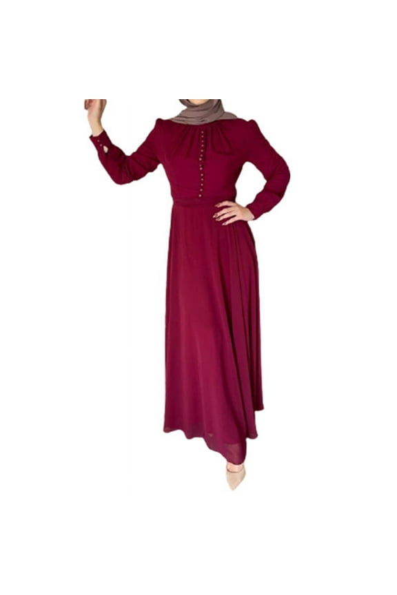 Women Muslim Maxi Long Lined Pleats Dress Belted High Waist Buttons Chiffon Abaya Kaftan Robe Flowy Swing Islamic Gown