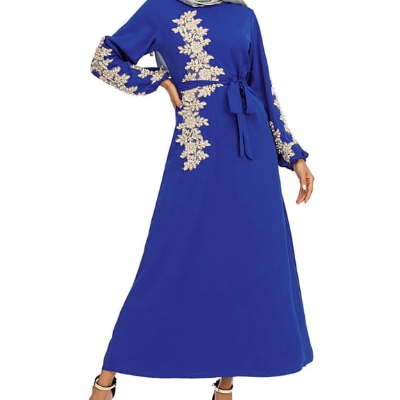 GENEMA Women Muslim Puff Long Sleeve Flared Maxi Dress Beading Floral Lace Applique Belted High Waist Robe Elegant Dubai Abaya Turkey Hijab Kaftan Islamic Clothing