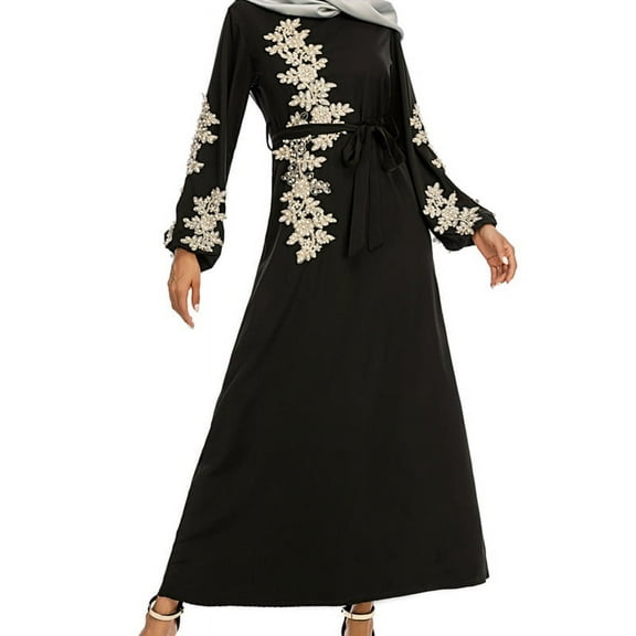 GENEMA Women Muslim Puff Long Sleeve Flared Maxi Dress Beading Floral Lace Applique Belted High Waist Robe Elegant Dubai Abaya Turkey Hijab Kaftan Islamic Clothing