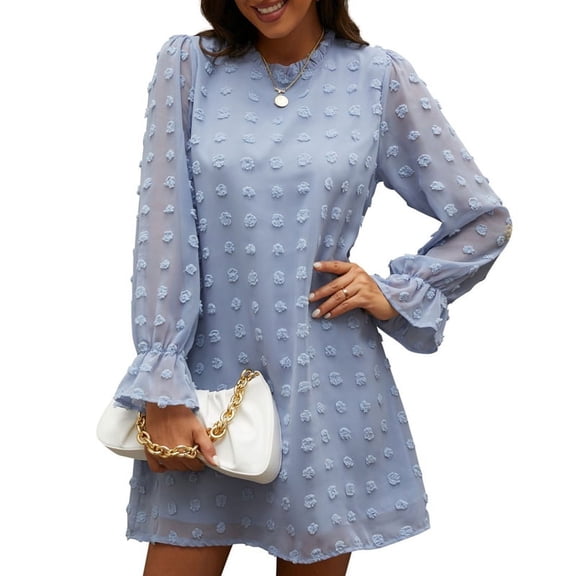 GENEMA Women Puff Long Sleeve Ruffle Round Neck Chiffon Midi Dress Elegant Swiss Dot Solid Color Casual Loose Flared Tunic Top