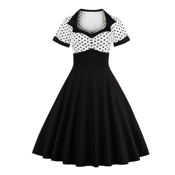 GENEMA Women Retro Short Sleeve Polka Dot Print Cocktail Swing Dress Lapel Collar Square Neck Contrast Color Pleated Party Gown