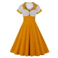 thumbnail image 1 of GENEMA Women Retro Short Sleeve Polka Dot Print Cocktail Swing Dress Lapel Collar Square Neck Contrast Color Pleated Party Gown, 1 of 19
