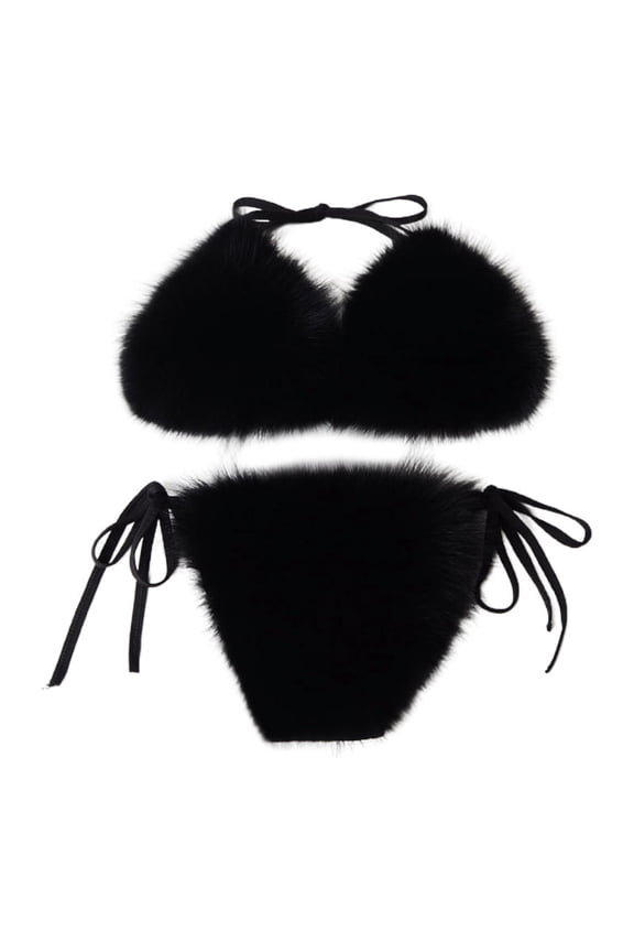 Women Sexy 2 Piece Faux Fur Bikini Set Halter String Triangle Bralette Swimsuit Tie Side Bottom Solid Color Plush Bathing Suit Party Clubwear
