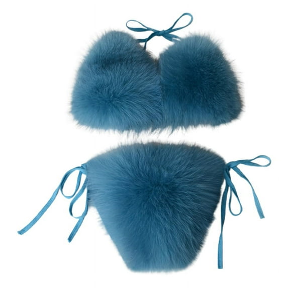 GENEMA Women Sexy 2 Piece Faux Fur Bikini Set Halter String Triangle Bralette Swimsuit Tie Side Bottom Solid Color Plush Bathing Suit Party Clubwear