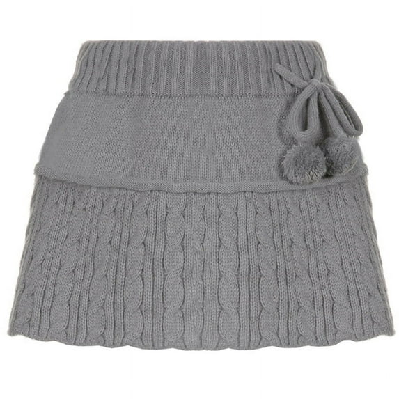 GENEMA Women Sexy Low Waist Twist Knit A-Line Micro Mini Skirt with Hair Ball Lace-Up