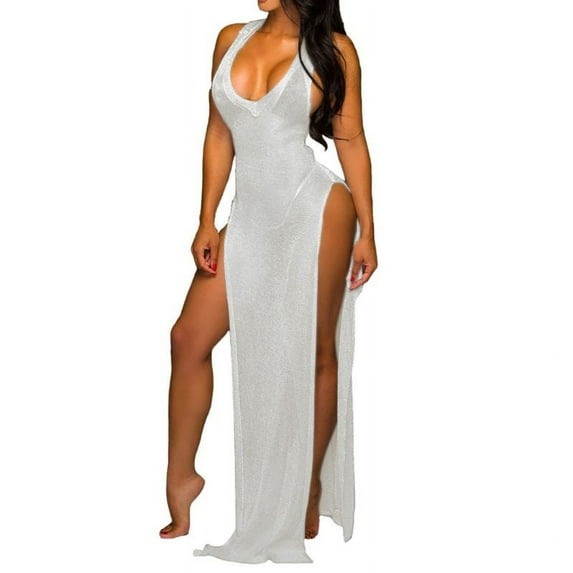 GENEMA Women Sexy Mesh Sheer See Through Deep V Neck Sleeveless Bodycon High Split Beach Long Dress