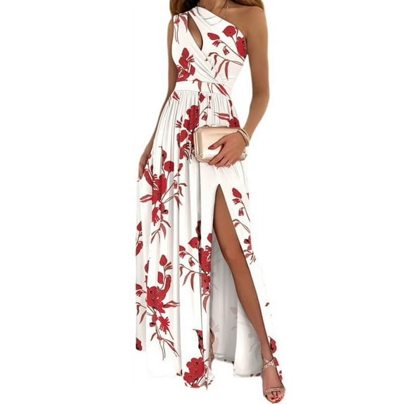 GENEMA Women Sexy Sleeveless One Shoulder Maxi Long Dress Irregular Hollow Out Ruched Wrap Front Side High Split Pleated Gown