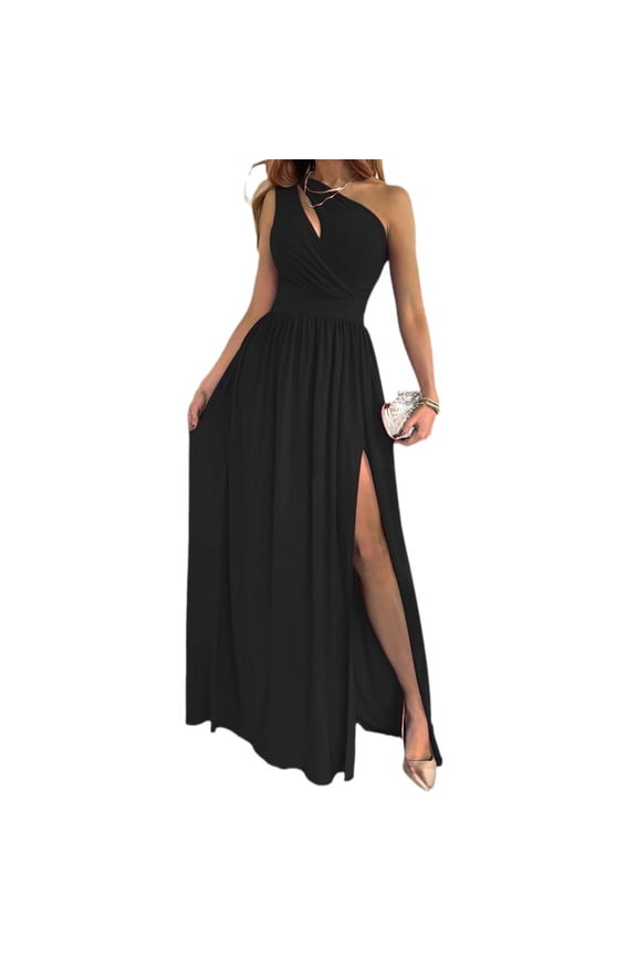 Women Sexy Sleeveless One Shoulder Maxi Long Dress Irregular Hollow Out Ruched Wrap Front Side High Split Pleated Gown