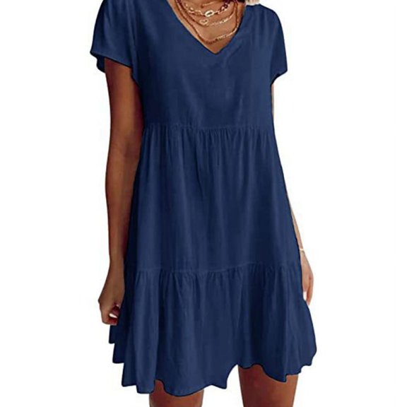 GENEMA Women Short Sleeve V-Neck A-Line Ruffle Hem Swing Tunic Mini Dress Solid Color