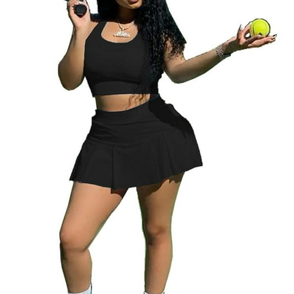 GENEMA Women Summer 2pcs Outfits Set Tank Crop Top and Tennis Skorts Mini Pleated Ruffle Skirt Solid Color Tracksuit Activewear