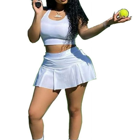 GENEMA Women Summer 2pcs Outfits Set Tank Crop Top and Tennis Skorts Mini Pleated Ruffle Skirt Solid Color Tracksuit Activewear