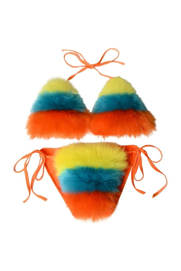 Women Summer Sexy 2 Piece Bikini Set Faux Fur Rainbow Striped Halter Swimsuit Tie Side Bottom Bralette Plush Bathing Suit Party Clubwear