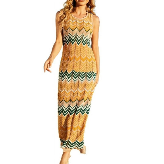 GENEMA Women Summer Sleeveless Round Neck Hollow Out Knitted Maxi Long Dress Multicolor Wavy Striped Slim Fit Beach Holiday Tank Sundress