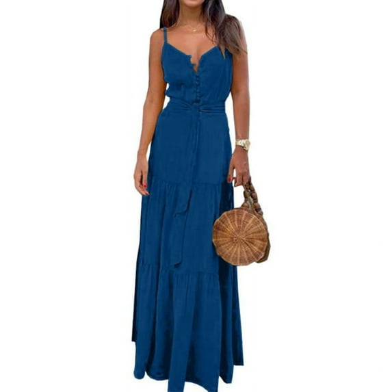 GENEMA Women Summer Spaghetti Strap Sexy V-Neck Button Maxi Long Dress Belted High Waist Solid Color Ruffled Flared Hem Beach Sundress