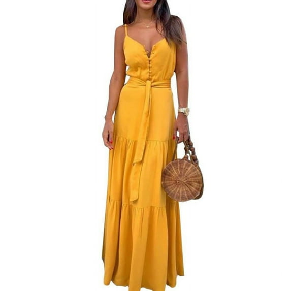GENEMA Women Summer Spaghetti Strap Sexy V-Neck Button Maxi Long Dress Belted High Waist Solid Color Ruffled Flared Hem Beach Sundress