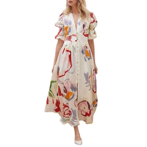 GENEMA Women Swimsuit Printed Bikini Cover Ups Puff Sleeve Gown Beach Tunic Dress Robe