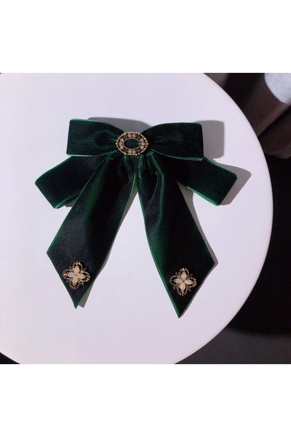 Women Velvet Bow Tie Brooch Flower Rhinestone Double Layer Collar Pin Necktie