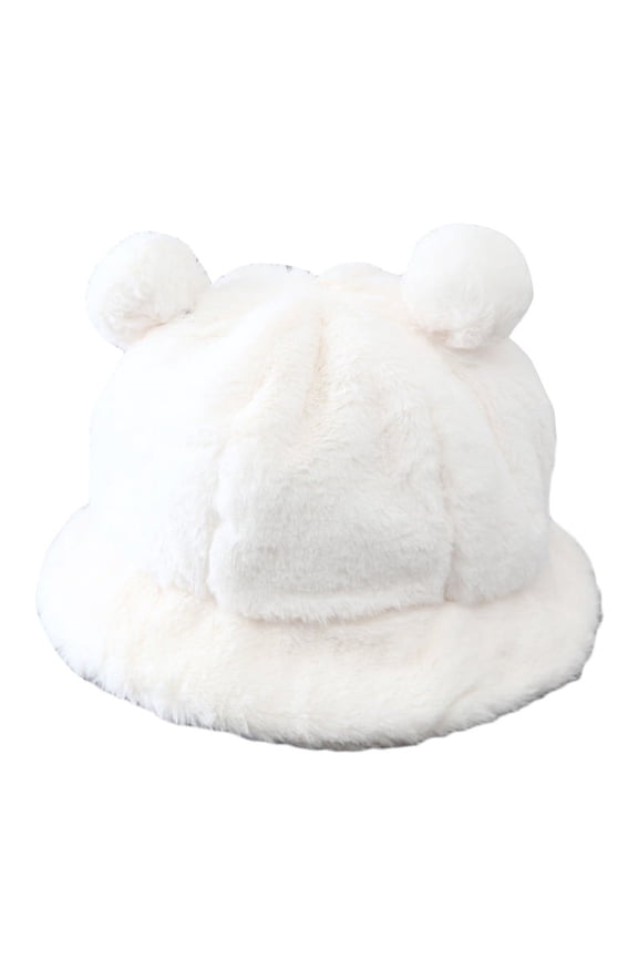 Women Winter Fluffy Plush Warm Bucket Hat Pompom Bear Ears Cloche Fisherman Cap