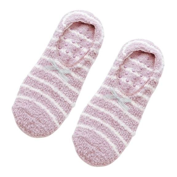 GENEMA Women Winter Fuzzy Velvet Slipper Boat Socks Striped Print Sweet Bow Non Skid Warm Fleece Fluffy Plush Low Cut Home Hosiery with Grippers