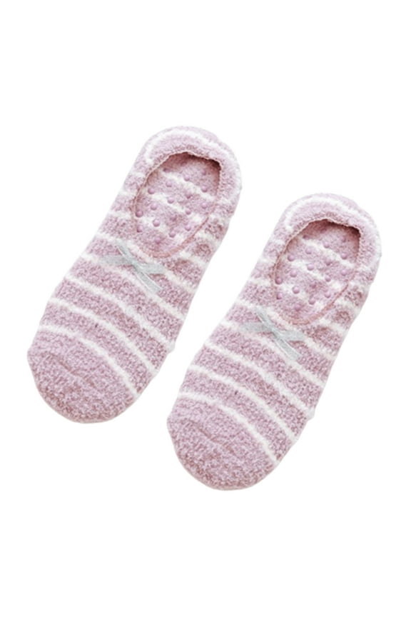 Women Winter Fuzzy Velvet Slipper Boat Socks Striped Print Sweet Bow Non Skid Warm Fleece Fluffy Plush Low Cut Home Hosiery with Grippers