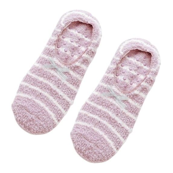 GENEMA Women Winter Fuzzy Velvet Slipper Boat Socks Striped Print Sweet Bow Non Skid Warm Fleece Fluffy Plush Low Cut Home Hosiery with Grippers