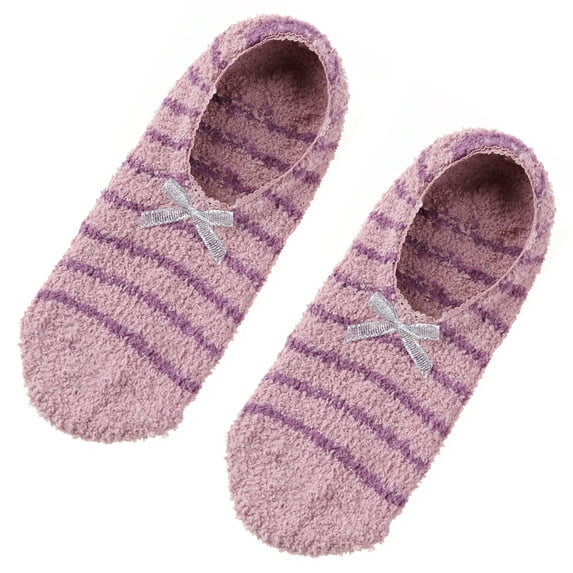 GENEMA Women Winter Fuzzy Velvet Slipper Boat Socks Striped Print Sweet Bow Non Skid Warm Fleece Fluffy Plush Low Cut Home Hosiery with Grippers