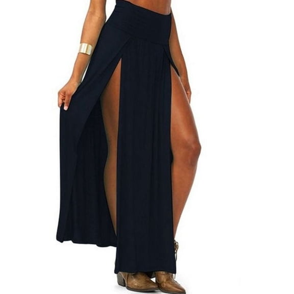 GENEMA Womens High Waist Sexy Double Slit Front Open Knit Maxi Long Skirt Solid Color Pleated Irregular Hem Beach Dress Bikini Cover Up
