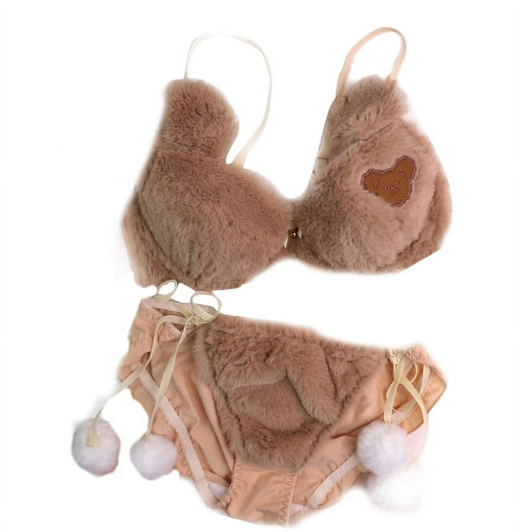 GENEMA Womens Lolita Kawaii 2pcs Bra Panty Set Cute Bear Fluffy Faux Fur  Underwire Underwear Plush Ball Bow Anime Lingerie