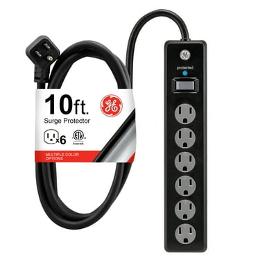 GENERAL ELECTRIC 6 Outlet Surge Protector 2 Pack, 10 ft. Extension Cord, Power Strip, 600 Joules, Twist-to-Close Safety Covers, Black, 54646