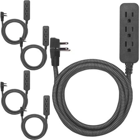 GENERAL ELECTRIC, Black Designer Extension Surge Protection, Braided Power Cord 5 Pack, 15 ft, 3 Grounded Outlets, Flat Plug, Premium, Grey, 53266