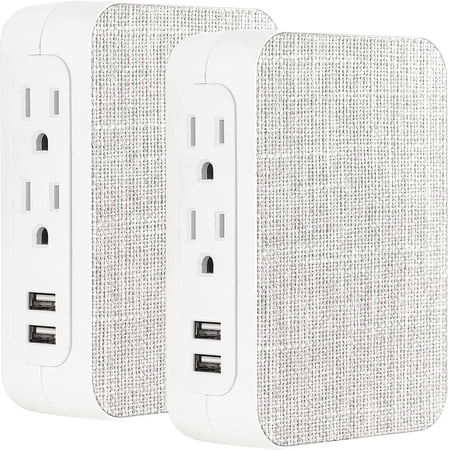 GENERAL ELECTRIC Pro Wall Tap Surge Protector, Side Access, Designer Power Adapter, Plug in Extender, White, 2 Pack, 56214, 5 Outlet + 2 USB , Gray Fabric , 560 Joules