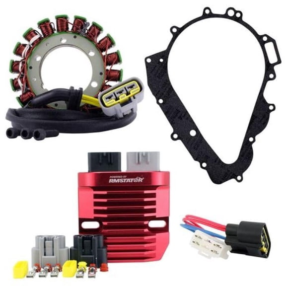 RMSTATOR Solution Kit Generator Stator + Universal Red Machined Aluminum Series Regulator Rectifier Replacement for Aprilia RSV/Tuono 1000 R 2004-2009 1000R | OEM Repl.# AP0685330 / AP0650341