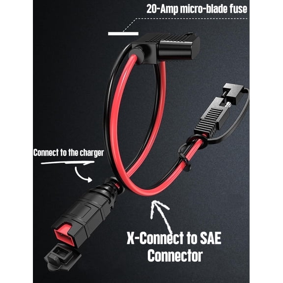 1FT SAE Extension Cord Compatible with NOCO Genius Smart Battery Chargers, 14AWG Heavy Duty SAE Connector Cable, 20A Fuse Waterproof Plug for Motorcycle/ATV/UTV/Auto, Tool-Free