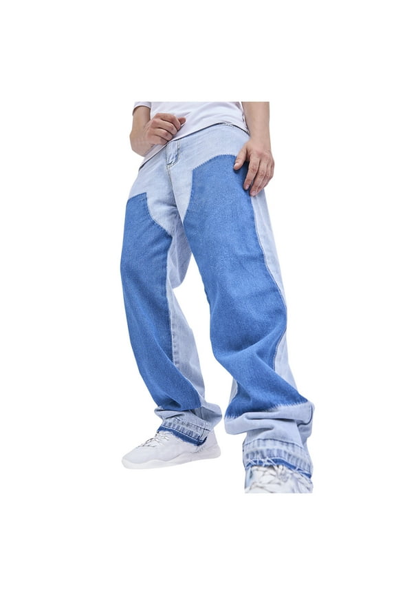 Double Color Matching Denim Pants Loose Fit Trousers Mens Wide-Leg Jeans Straight Leg Patchwork Pants