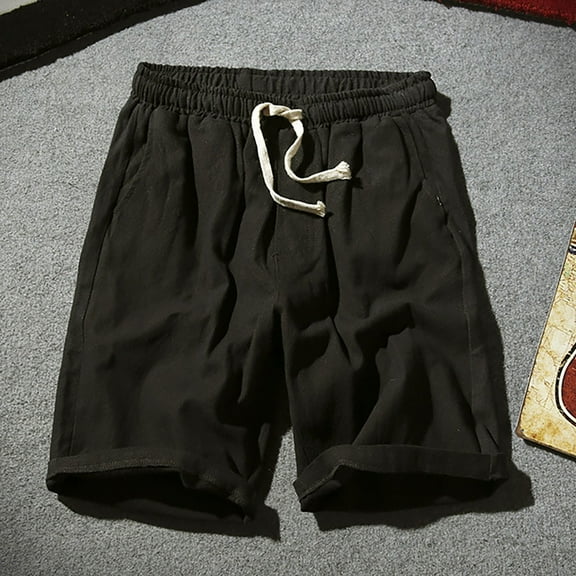 GENGING Men Drawstring Shorts Elastic Waist Cotton Linen Short Pants with Pockets Loose Fit Outdoor Shorts