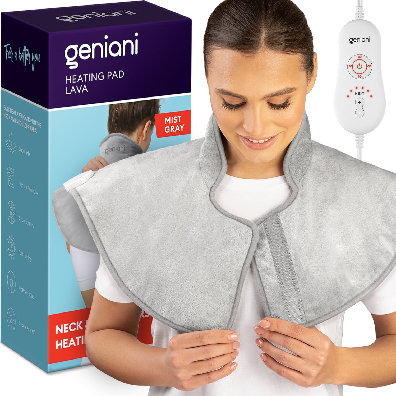 GENIANI Heating Pad for Neck and Shoulders Pain Relief, FSA/HSA, 6 Heat Options, Auto Shut Off, Machine Washable - Heating Pad for Neck and Shoulders XXL Gray