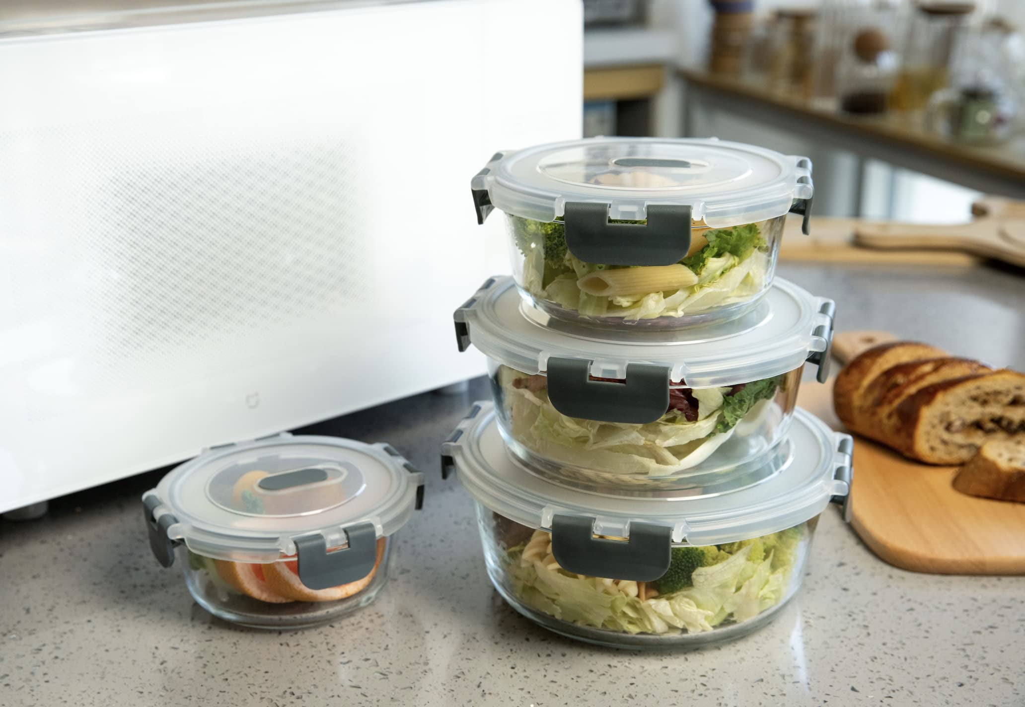 GENICOOK 8pc Round Borosilicate Glass Container with Vented Lid Set, Microwavable, Dark Grey