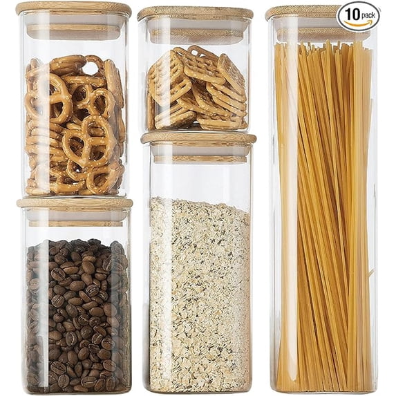 Genicook Glass Food Storage Jars,Spaghetti Pasta Storage Container,Borosilcate Glass Canister Set with Eco-Friendly Bamboo Lids for Noodles Flour Cereal Coffee Beans - 10 pc set