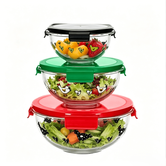 GENICOOK Borosilicate Glass Food Storage Containers Set, 6-Piece Round Containers with Lids, Farmhouse Rooster Design, Airtight Kitchen Storage for Leftovers, Meal Prep & Refrigerator