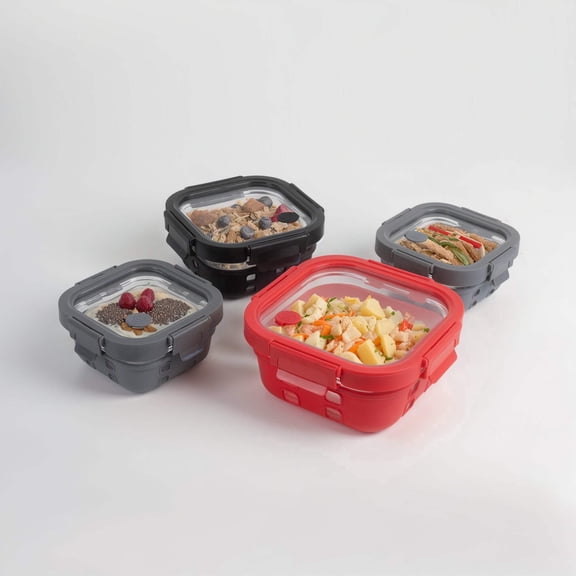GENICOOK Borosilicate Glass Meal and Food Storage Containers with Silicone Wrap, Vent and Pro Grade Removeable Lockdown Levers, Square Shape - 8 pc Set (4 Containers - 4 Matching Lids)