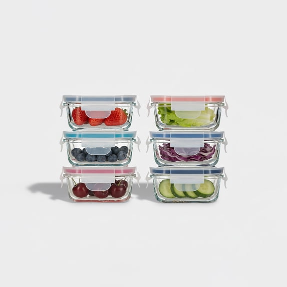 GENICOOK Borosilicate Glass Small Baby-Size Meal and Food Storage Containers, Rectangular Shape - 12 pc Set (6 Containers - 6 Matching Lids)