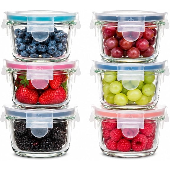 GENICOOK Borosilicate Glass Small Baby-Size Meal and Food Storage Containers, Round Shape - 12 pc Set (6 Containers - 6 Matching Lids)
