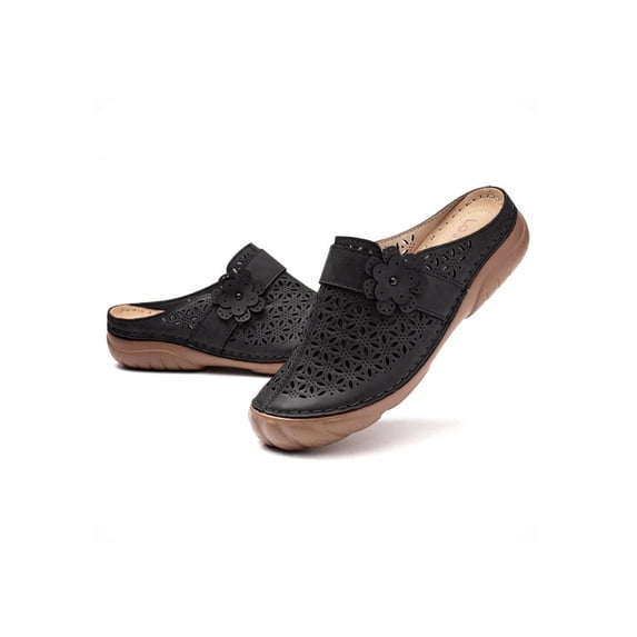 GENILU Clogs Shoes for Women, Ladies Leather Mule Slippers Slip On Loafers Wide Fit Comfort Work Non Slip Beach Shoes Wedge Sandals