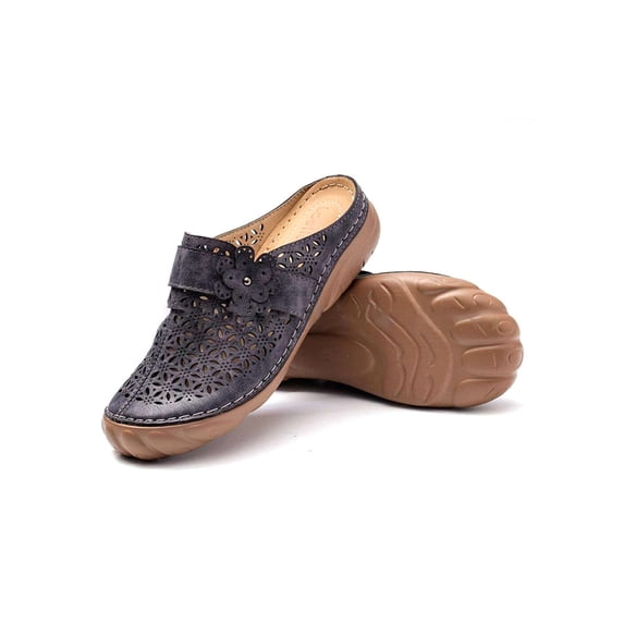 GENILU Clogs Shoes for Women, Ladies Leather Mule Slippers Slip On Loafers Wide Fit Comfort Work Non Slip Beach Shoes Wedge Sandals