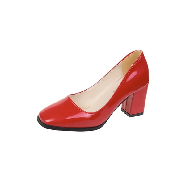 GENILU Closed Toe Block Heels for Women Round Toe Low Platform High Heel Pumps Wide Width Red 8.5