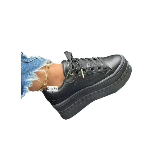 GENILU Women Lightweight Non-slip Platform Sneaker Round Toe Fashion Sneakers Work Lace Up Black 9