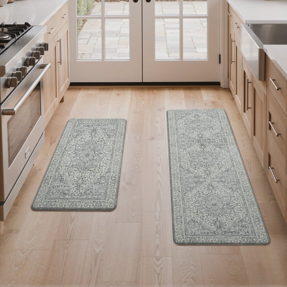 GENIMO 2 Piece Kitchen Rug Set 17"x47" 17"x30", Anti-Fatigue Non-Slip Runner Rug and Mat, Water-Resistant Vintage Oriental Kitchen Floor Mats for Sink Laundry Room