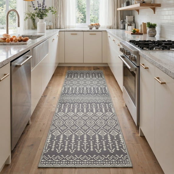 GENIMO 2' x 6' Boho Farmhouse Runner Rug, Machine Washable Non Slip Low Pile Hallway Runner Rug for Kitchen Laundry Room, Dusty Gray